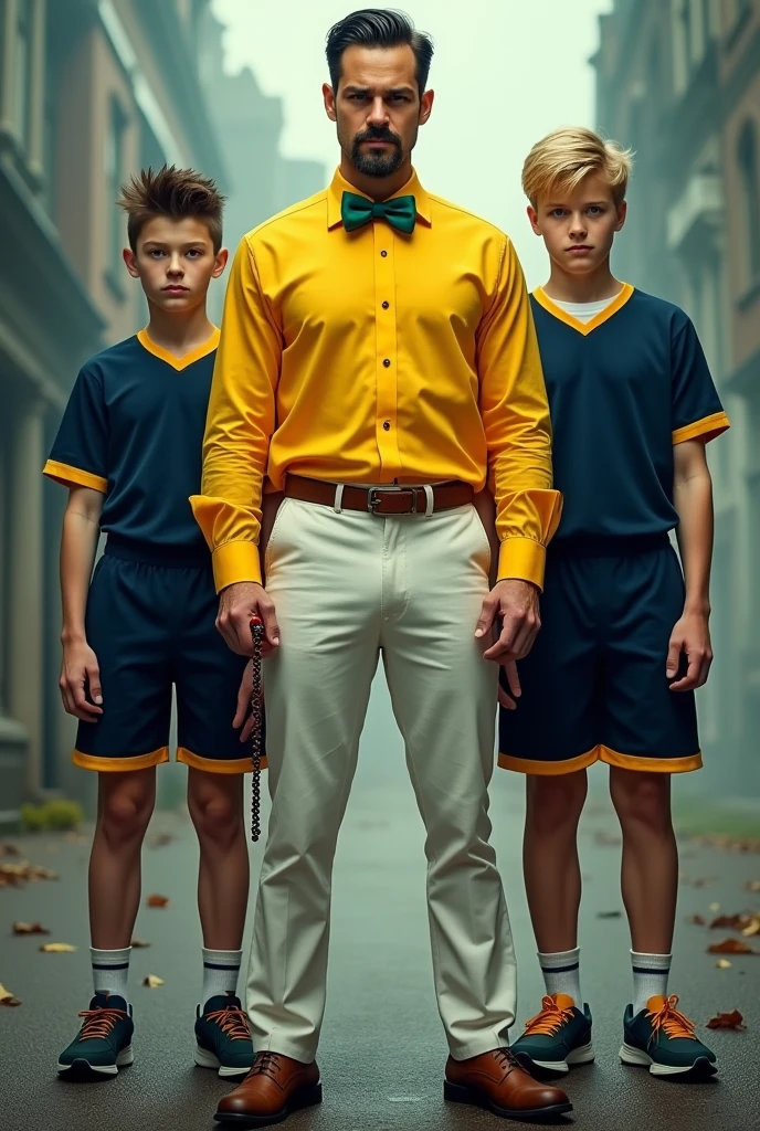 On the cover of a movie poster, Professor Petterson stands firm and ready,he is a white young man dressed in his iconic yellow dress shirt, paired with a vibrant green bow tie. His white pants are crisp, and he holds a rosary tightly in one hand, symbolizing his faith and resolve. His short black hair is neatly trimmed, and his goatee, along with a pronounced mustache, adds a serious, thoughtful air to his expression.

Beside him are two teenage boys, both strikingly handsome and prepared for battle. On his right, the dark-haired boy with spiky hair and intense brown eyes exudes a rebellious energy. On his left is the blonde boy, with sharp green eyes and neatly styled hair, radiating confidence. Both boys wear dark blue school uniforms with yellow trim, complete with blue shorts and matching sneakers, emphasizing their unity and readiness.

All three are in dynamic, battle-ready poses, set against a dramatic backdrop that hints at the epic confrontation ahead, capturing the viewer's attention with a sense of impending action and adventure.