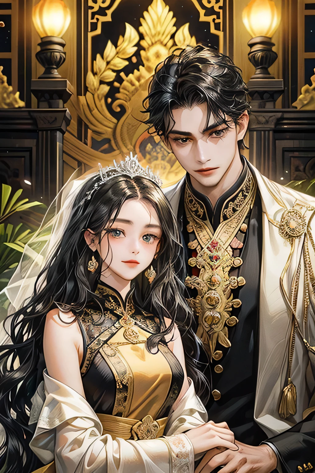 couple, javanese style, black, smile and charming, quiet but gentle, light black eyes, royal palace, dark black hair, flower bloom, wedding black suit, altar, kebaya, palace, indonesia temple, javanese style, (big masculine body male, curly dark black hair), (sweet and charming with wavy black hair female), masterpiece, detailed body, accurate