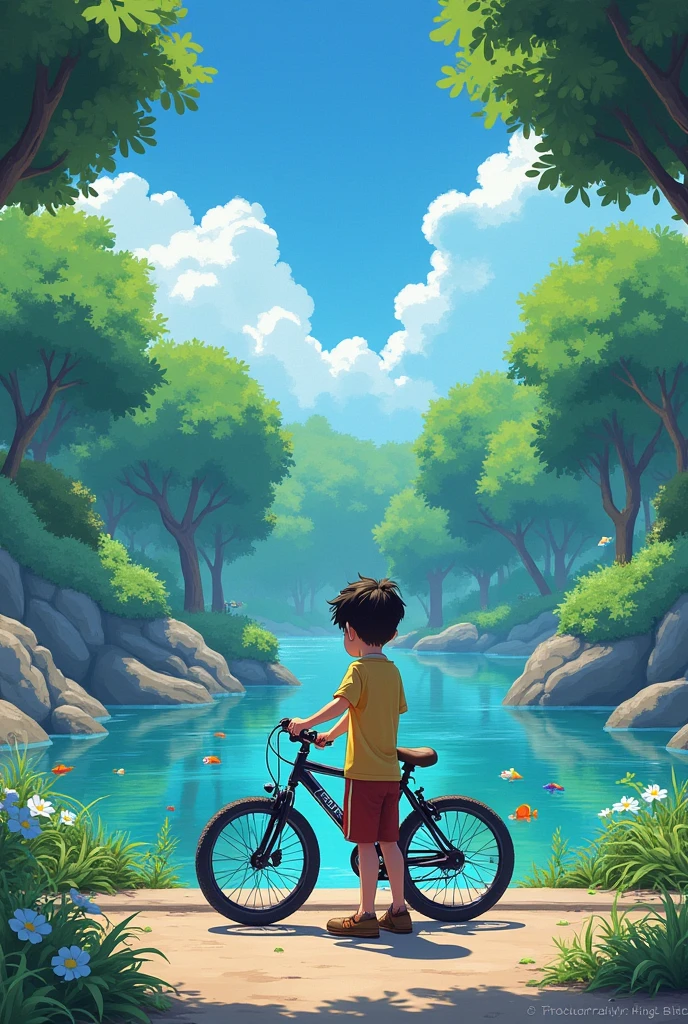 A boy is leaving the bicycle in front. King's two price fish pond