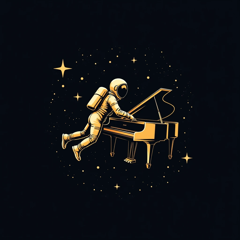 Create a logo with space in the background and a floating astronaut playing the piano alone in gold color with a recording studio composing a song in drawing