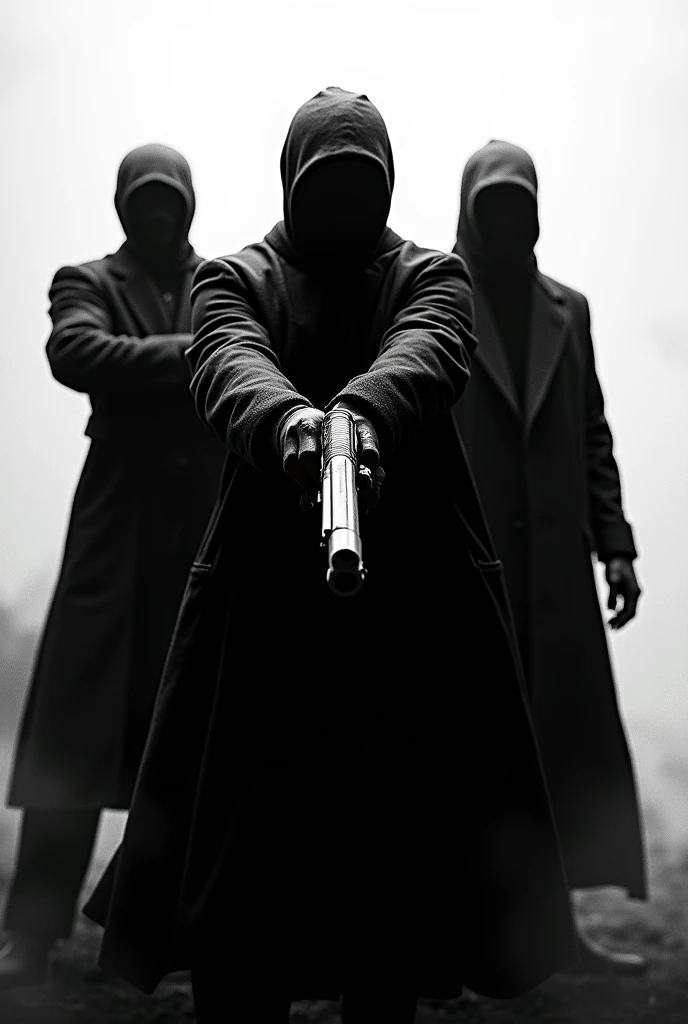 A black silhouette of three people with a gun