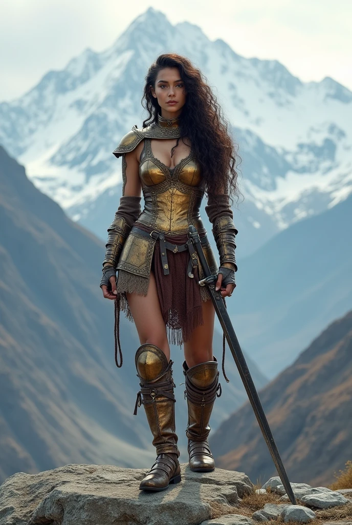 hyperrealistic, 1 girl, alone, Long curly hair, burnished bronze armor on lace. slim, voluptuous lush. Combat gloves with very large sword drags. High resolution, masterpiece, necessary, anatomically correct, movie, Conceptual art, Digital art, Hyperrealism, Tibetan snow mountain top.
anatomically correct, quality, UHD,