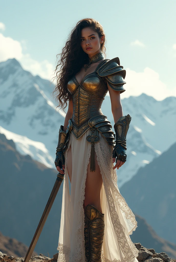 hyperrealistic, 1 girl, alone, Long curly hair, burnished bronze armor on lace. slim, voluptuous lush.  Combat gloves with very large sword drags. High resolution, masterpiece, necessary, anatomically correct, movie, Conceptual art, Digital art, Hyperrealism, Tibetan snow mountain top. 
 anatomically correct, quality, UHD, 