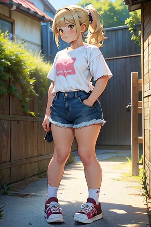 cute teenage girl, short stature,flat chest,Cute chubby girl, Chubby body type, blonde straight hair with fluff gathered in a ponytail、Brown eyes, takes off his oversized white t-shirt, in short denim shorts., Pink sneakers, undressing in the backyard,