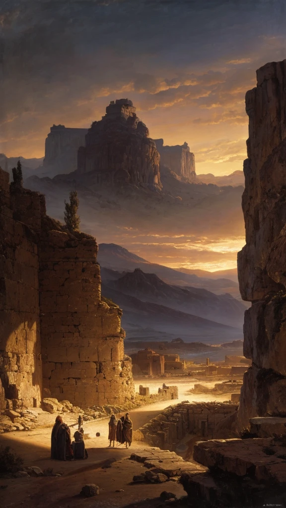 Epic, cinematic night scene, prophet Samuel seen from behind at an elevated and distant viewpoint, holding a simple oak wood staff, middle-aged with long graying hair and beard, medium-dark complexion, wearing traditional biblical-era attire—flowing tunic and cloak, dusk with dark, moody atmosphere, reverent ambiance, ancient city of Ramah in the background with flat roofs and stone walls, rugged arid landscape, classical painting style, dramatic lighting, high-resolution, 8K, ultra detailed, masterpiece, lifelike, hyperrealistic, stunning visuals, full HD