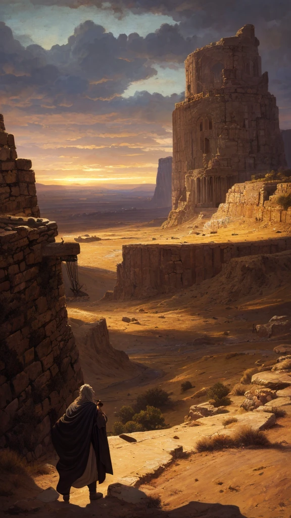 Epic, cinematic night scene, prophet Samuel seen from behind at an elevated and distant viewpoint, holding a simple oak wood staff, middle-aged with long graying hair and beard, medium-dark complexion, wearing traditional biblical-era attire—flowing tunic and cloak, dusk with dark, moody atmosphere, reverent ambiance, ancient city of Ramah in the background with flat roofs and stone walls, rugged arid landscape, classical painting style, dramatic lighting, high-resolution, 8K, ultra detailed, masterpiece, lifelike, hyperrealistic, stunning visuals, full HD