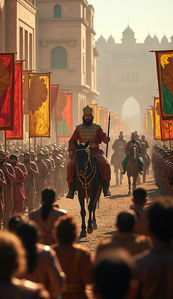The Emperor’s Procession: A wide, cinematic shot of Moulay Ismail’s grand procession through the streets of Meknes, with the populace bowing down and soldiers marching in perfect formation.