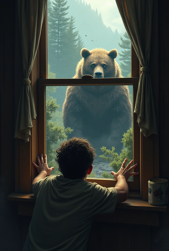He arrives home starving and goes to the window until he comes across a bear and is terrified.