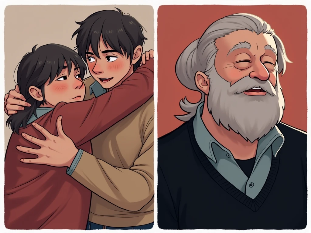 “Person on the right hugs the person on the left, and the person on the left hugs the person on the right.”
