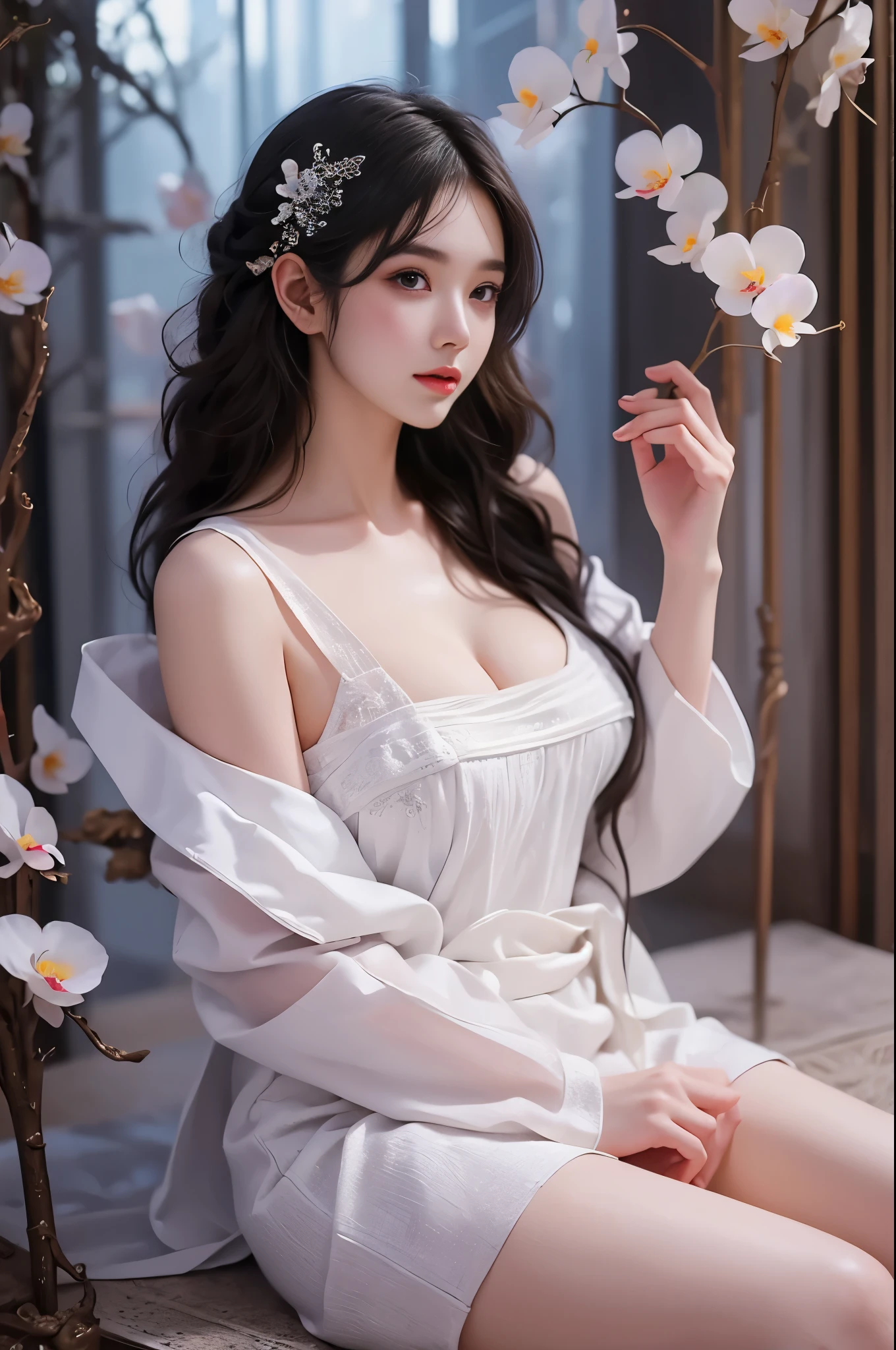 (Quality Improvement:1.4),1 Girl, Full breasts,Visible cleavage,Sexy long legs,The skirt is very short,She gently lifted her skirt with one hand,Surrounded by white Phalaenopsis orchids,Lilac dendrobium、White Lily, Flying petals,(Top quality leather), Delicate face,Black Hair, Gradient hair, Body,(Body1.1), He has a precious gem on his forehead.., outstanding student,Long eyelashes,Smile, Surrealism, Movie Lighting, Projection Insert, Surrealism, Ultra HD, masterpiece,lie,Keep dreaming,Open your legs slightly.,Tattoo,Fantasy Space,Luxurious space,Exquisite makeup,blush,Shy expression