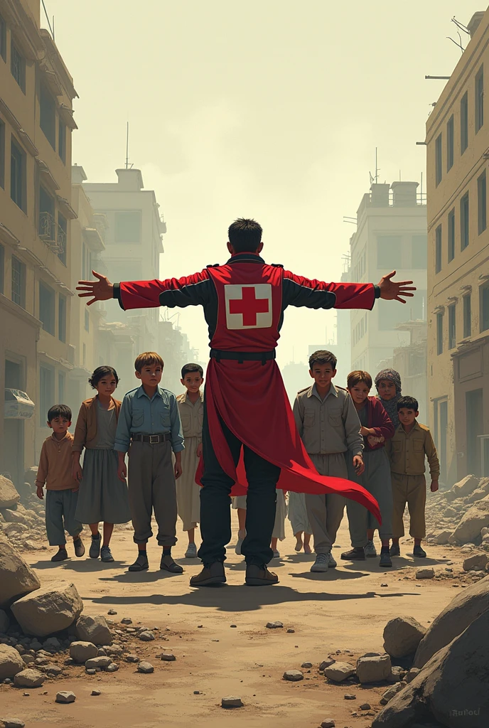 Drawing of a Red Cross person protecting people of different ages, in a war field but without violence