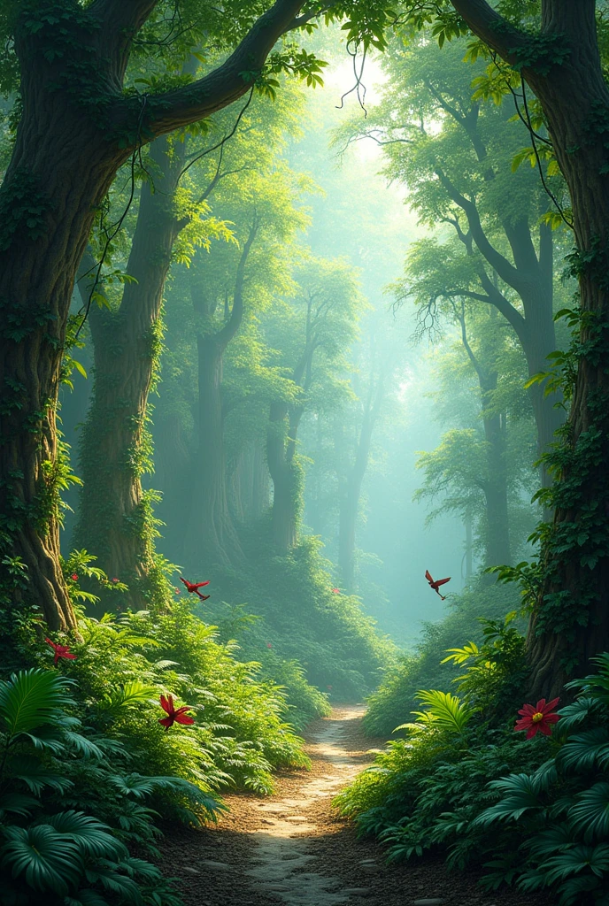 Lush vegetation refers to a landscape densely covered with a variety of thriving plants, trees, and undergrowth. The foliage is vibrant, often in shades of deep green, with leaves that seem to glisten under the sunlight or dappled shade. The air might be thick with the scent of earth and the freshness of living plants, occasionally punctuated by the sweet fragrance of blooming flowers. Vines may drape over branches, and ferns could carpet the ground, creating a soft, verdant layer. In such an environment, the sounds of rustling leaves, chirping birds, and the occasional hum of insects are ever-present, contributing to a feeling of life and vitality all around.