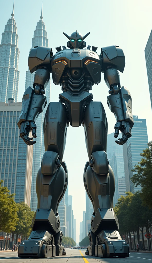 best quality, 8k, high resolution, giant humanoid robot stand on street in city Petronas twin tower, mecha, sharp focus