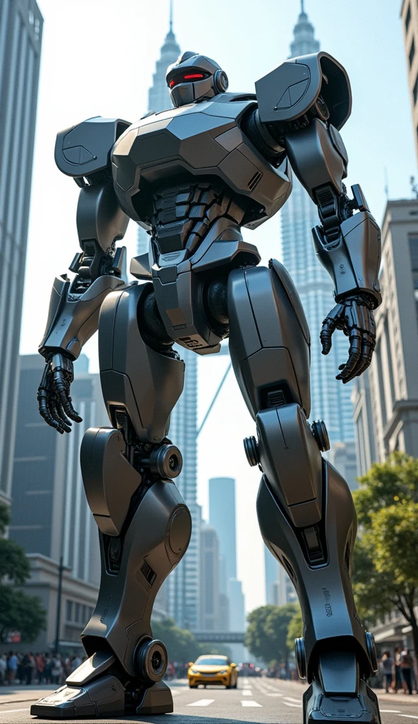 best quality, 8k, high resolution, giant humanoid robot stand on street in city Petronas twin tower, mecha, sharp focus