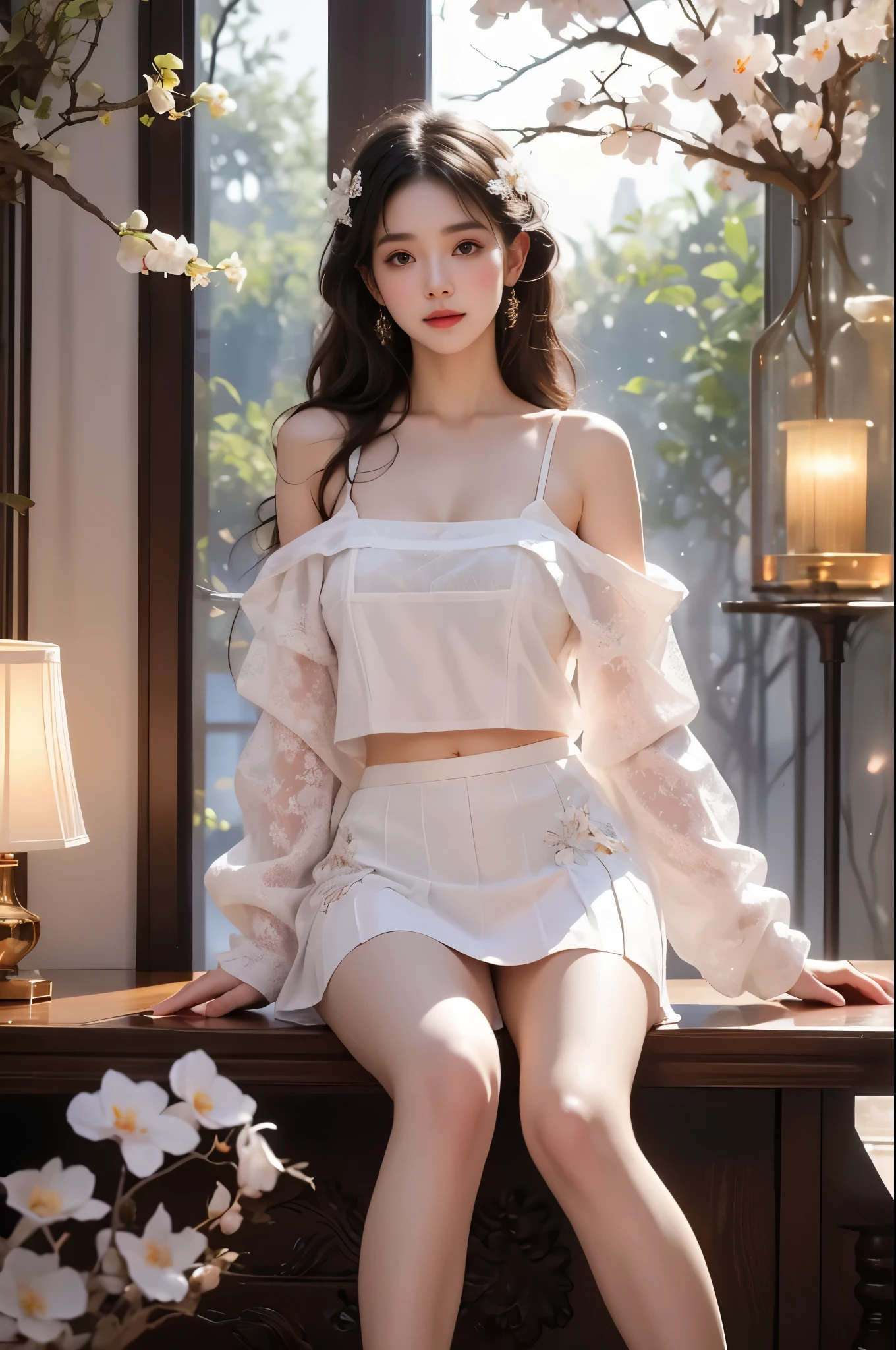 (Quality Improvement:1.4),1 Girl, Full breasts,Visible cleavage,Sexy long legs,The skirt is very short,She gently lifted her skirt with one hand,Surrounded by white Phalaenopsis orchids,Lilac dendrobium、White Lily, Flying petals,(Top quality leather), Delicate face,Black Hair, Gradient hair, Body,(Body1.1), He has a precious gem on his forehead.., outstanding student,Long eyelashes,Smile, Surrealism, Movie Lighting, Projection Insert, Surrealism, Ultra HD, masterpiece,lie,Keep dreaming,Open your legs slightly.,Tattoo,Fantasy Space,Luxurious space,Exquisite makeup,blush,Shy expression