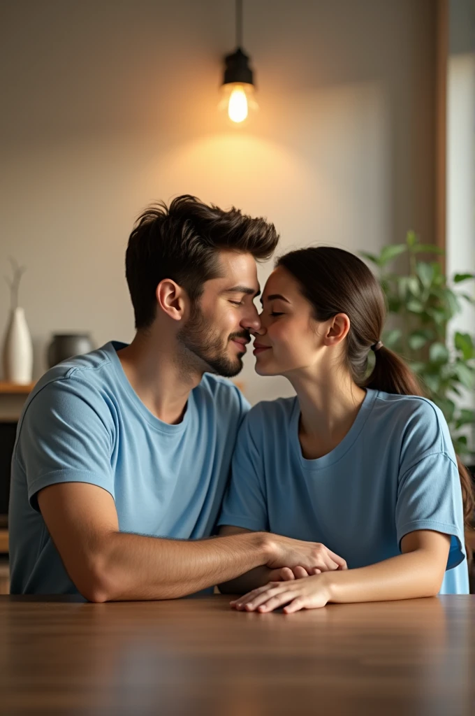 a guy and a girl in blue t-shirts are sitting next to the table