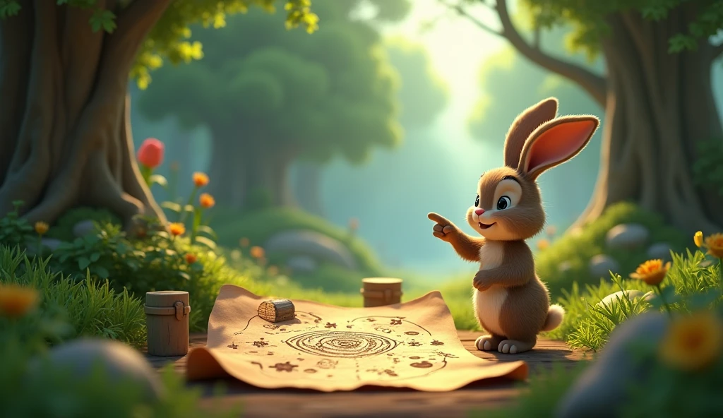 A Image: rabbit pointing towards a distant, mysterious part of the forest with a treasure chest illustration on a map.
Cinematic cartoon 3d style