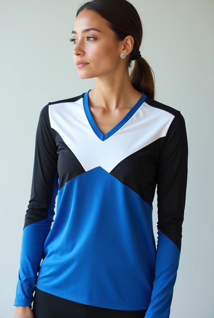 Women's v-neck long-sleeved sports t-shirt in blue, white and black