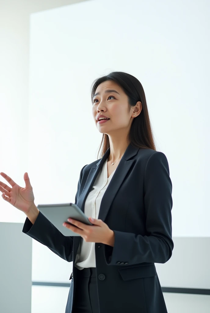 asian office woman present project, white background