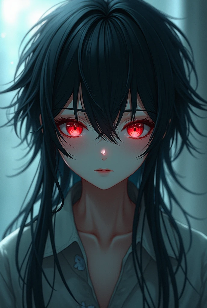 A boy with long black hair that reached his waist with messy locks and a feminine appearance with red anime-style eyes in front of you then another 18