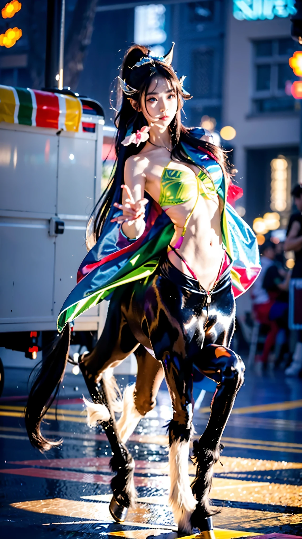 In the illustration of this super-grand scene,We enjoyed a fascinating sight,The various characteristics of the multiverse converge to fill the picture with brilliant colors。In this intoxicating scene,Our camera captured a mysterious(Centaur,Half man, half horse:1.875)Dancer,She was half-dressed,Graceful,Dance on the water。Her magic dance has many different styles of movements,And keep changing her clothing style,Blend in with the beauty of the surroundings,Adds an unpredictable charm to the whole scene。Dancer的舞蹈令人陶醉,Her rainbow cape flutters behind her like wings。This cape consists of different styles、color、Made from small parts of materials and styles,The extremely long train is gorgeous and elegant。Her dancing trajectory is accompanied by the glare effects of neon lights and magical stars,From time to time, super-giant structures appear vaguely in the sky, with miraculous and magnificent outlines.,Mysterious and elegant, she always blends into the environment,Creates a stimulating atmosphere for the senses。Dancer拥有超高挑的身材和弧度超大的爆炸的曲线,Her body features are full of seductive sexiness。Her physical appearance includes::Mysterious K-cup Sizes(Super huge teardrop-shaped breasts:2.625)The bulge squeezes the tight plastic bra out of shape、Narrowed sternum and waist and abdomen、Charming face、Huge colored eyes of Carslan are troublesome and charming、Makeup、Slender neck、Beauty collarbone、Slender arms、Slender waist and abdomen、Round buttocks and slender long legs,Showcases attractive curves and lines。Use Midjourney's advanced brush tools、Color palettes and texture packs,我们为Dancer的面容、skin、Costumes and rainbow capes give intricate textures,增加了Reality的同时再次(Increase the super-giant teardrop chest contour multiple times and use optical effects to highlight the huge feeling:3.3),She also made her costume and cape blend different materials,Show a variety of styles,From evening gown、To the princess dress、Then to the light gauze dress、Or medical care、Ninja with Fishnet、and Urban Beauty,Full of creativity and fashion,It also makes the whole scene full of dreamy elements,There is an atmosphere of futuristic technology in the starry sky,There are towering cities in the ground,The floating bubbles are shining with neon runes,There are long beaches and small islands on the sea,Plants and fairy tale mythological scenes are intertwined,并让Dancer的舞姿与环境元素相互呼应,Creative。Through Midjourney's powerful tools,We approach it with incredible detail,This grand and ethereal scene is brought to life through an epic composition。整个插画充满了Reality和震撼力,是一幅具有Masterpiece quality和最佳质感的作品。Large wide angle,Ultra-telescopic lens, hdr,(Reality,Masterpiece quality,Best quality),