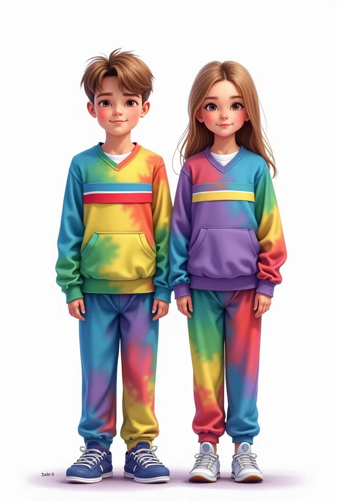  boy and girl facing front on white background wearing school sports uniform where the sweatshirt is long down to the ankles in blue colors, green, yellow, purple and red in watercolor with soft transitions between them, the v-neck t-shirt, in white with a line of the colors of the sweatshirt and with this same line on the sleeves of the t-shirt