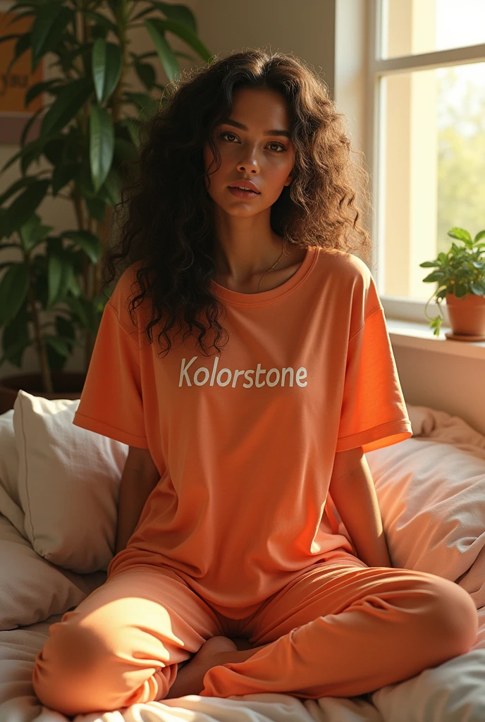 (photorealism:1.2), beautiful plus woman, sitting on bed, wearing loose Tshirt of carrot color kolorstone written on it, pajama pants kolorstone written on it, long curly hair, indoors, soft lighting, plants in background, window with sunlight, cozy room, relaxed pose, realistic, intricate details, warm colors, by Greg Rutkowski, by Alphonse Mucha