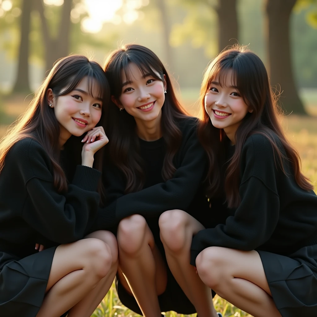 A group of female students wearing black skirts and black cropped sweaters are squatting and smiling (Photorealistic:1.4)、(hyper Realistic:1.4)、(Realistic:1.3)、(Smooth lighting:1.05)、(映画の照明Improvement of quality:0.9)、32K、20-year-old girl、Realistic lighting、Backlight、Facial Light、Ray-tracing、(Bright light:1.2)、(Improvement of quality:1.4)、(Highest Quality Real Texture Skins:1.4)、Finely grained、Detailed painted face、Quality Eyes、(tired, Sleepy and satisfied:0.0)、