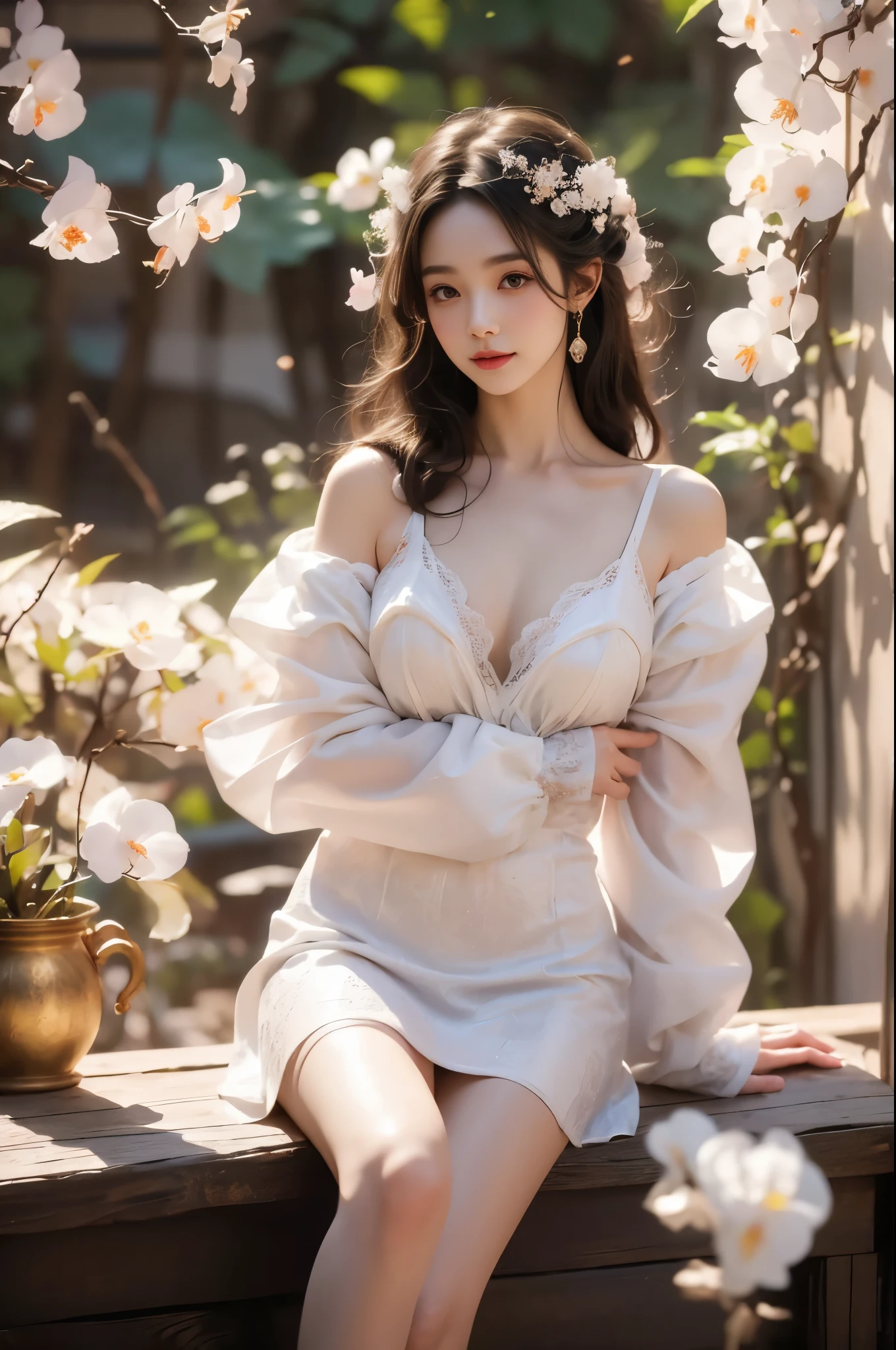 (Quality Improvement:1.4),1 Girl, Full breasts,Visible cleavage,Sexy long legs,The skirt is very short,She gently lifted her skirt with one hand,Surrounded by white Phalaenopsis orchids,Lilac dendrobium、White Lily, Flying petals,(Top quality leather), Delicate face,Black Hair, Gradient hair, Body,(Body1.1), He has a precious gem on his forehead.., outstanding student,Long eyelashes,Smile, Surrealism, Movie Lighting, Projection Insert, Surrealism, Ultra HD, masterpiece,lie,Keep dreaming,Open your legs slightly.,Tattoo,Fantasy Space,Luxurious space,Exquisite makeup,blush,Shy expression