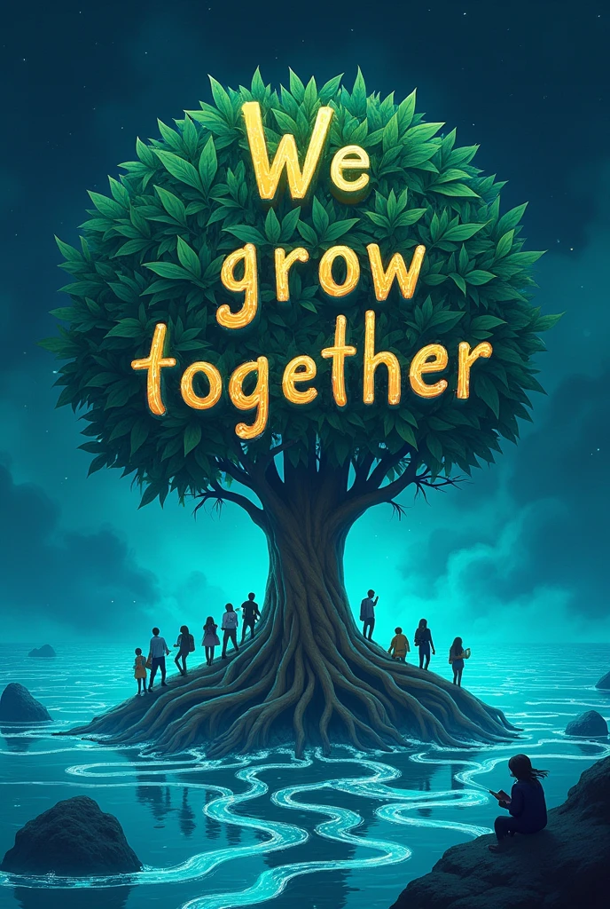 Goal - reach middle of the sea
Lot of students came together from various directions
Roots of a unique tree came out inside of the tree
Leaves cover entire sea
Sea is glowing with blue lights
Students with different books
Write a quote on the leaves of the tree - we grow together
Bold letters
Unique colour design
lighting glows
