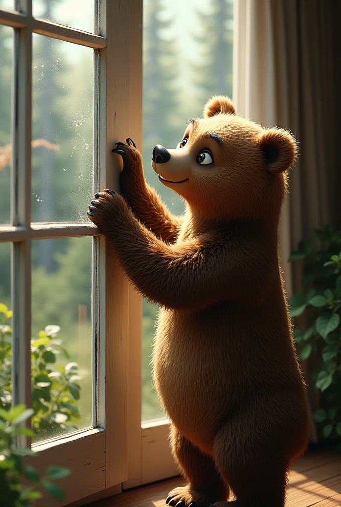 The bear starts scratching the window 