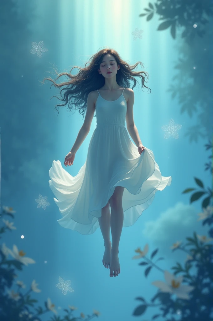 a girl with dark brown wavy hair, floating in the air, with our eyes closed as if we were dreaming, with a background with blue tones