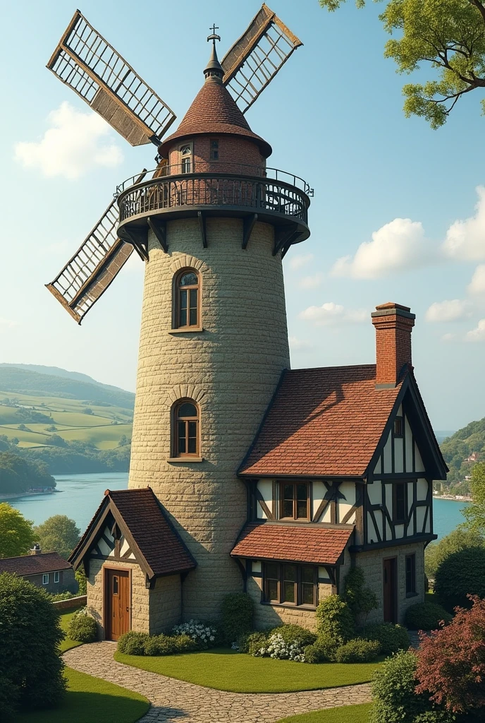 a light house and a windmill combine design on each side and an english house style