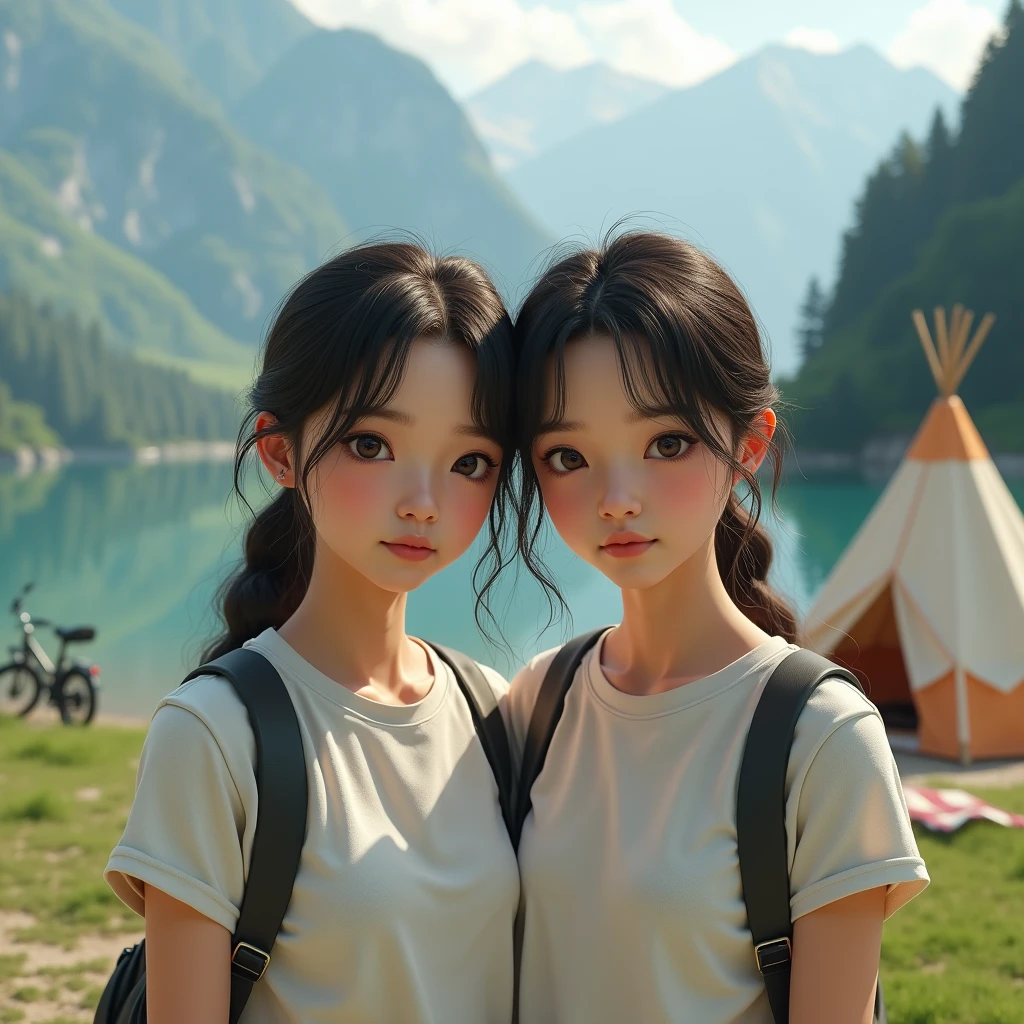 dress、(Photorealistic:1.4)、(hyper Realistic:1.4)、(Realistic:1.3)、(Smooth lighting:1.05)、(映画の照明Improvement of quality:0.9)、32K、Identical twin sisters、20-year-old girl、Realistic lighting、Backlight、Facial Light、Ray-tracing、(Bright light:1.2)、(Improvement of quality:1.4)、(Highest Quality Real Texture Skins:1.4)、Finely grained、Detailed painted face、Quality Eyes、(tired, Sleepy and satisfied:0.0)、 Face close-up、T-Shirts、(Enhance the mood of your body line:1.1)、(Enhances the beauty of skin texture:1.1)、((fukada kyoko))、bicycle、Swiss Lake、Teepee、camp site