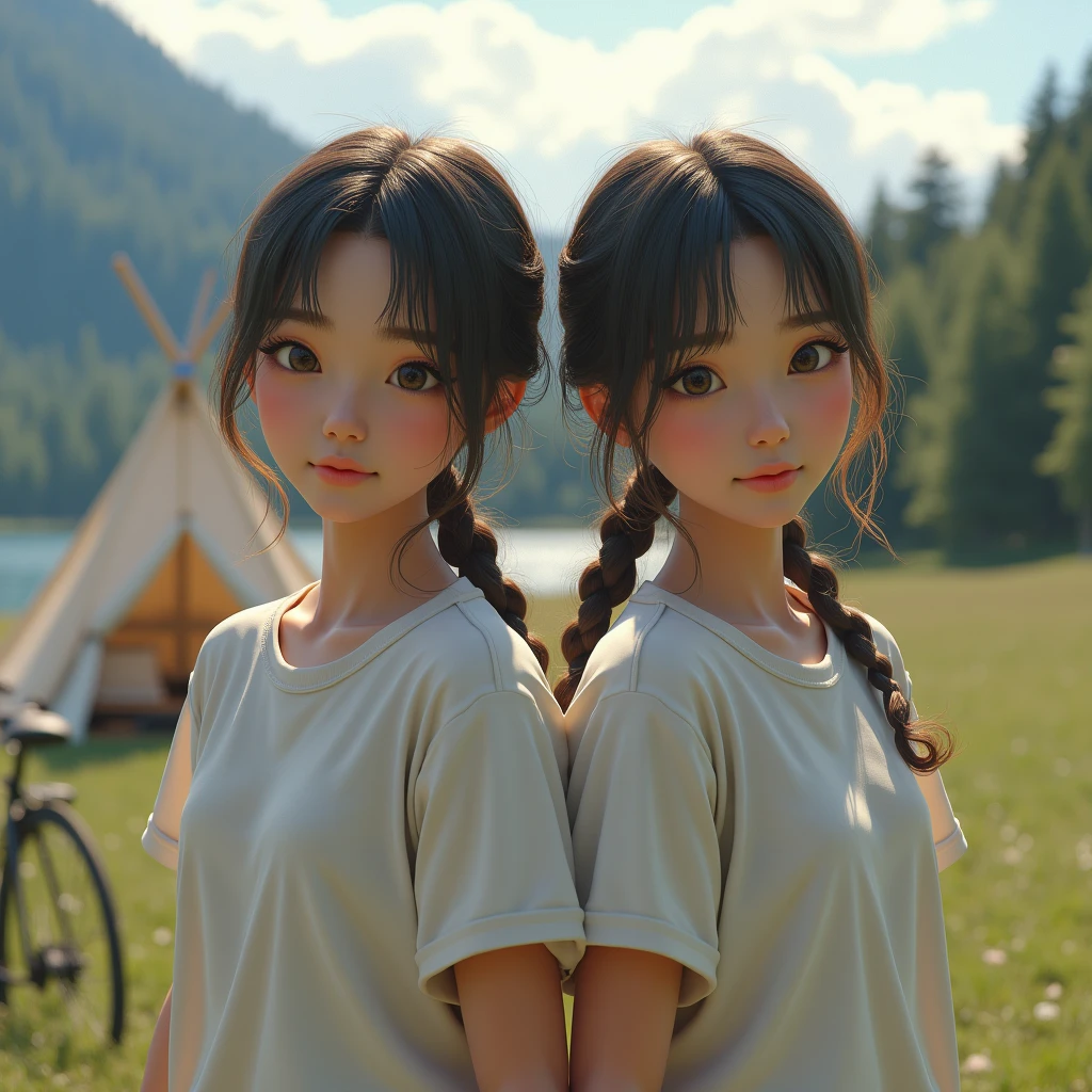 dress、(Photorealistic:1.4)、(hyper Realistic:1.4)、(Realistic:1.3)、(Smooth lighting:1.05)、(映画の照明Improvement of quality:0.9)、32K、Identical twin sisters、20-year-old girl、Realistic lighting、Backlight、Facial Light、Ray-tracing、(Bright light:1.2)、(Improvement of quality:1.4)、(Highest Quality Real Texture Skins:1.4)、Finely grained、Detailed painted face、Quality Eyes、(tired, Sleepy and satisfied:0.0)、 Face close-up、T-Shirts、(Enhance the mood of your body line:1.1)、(Enhances the beauty of skin texture:1.1)、((fukada kyoko))、bicycle、Swiss Lake、Teepee、camp site