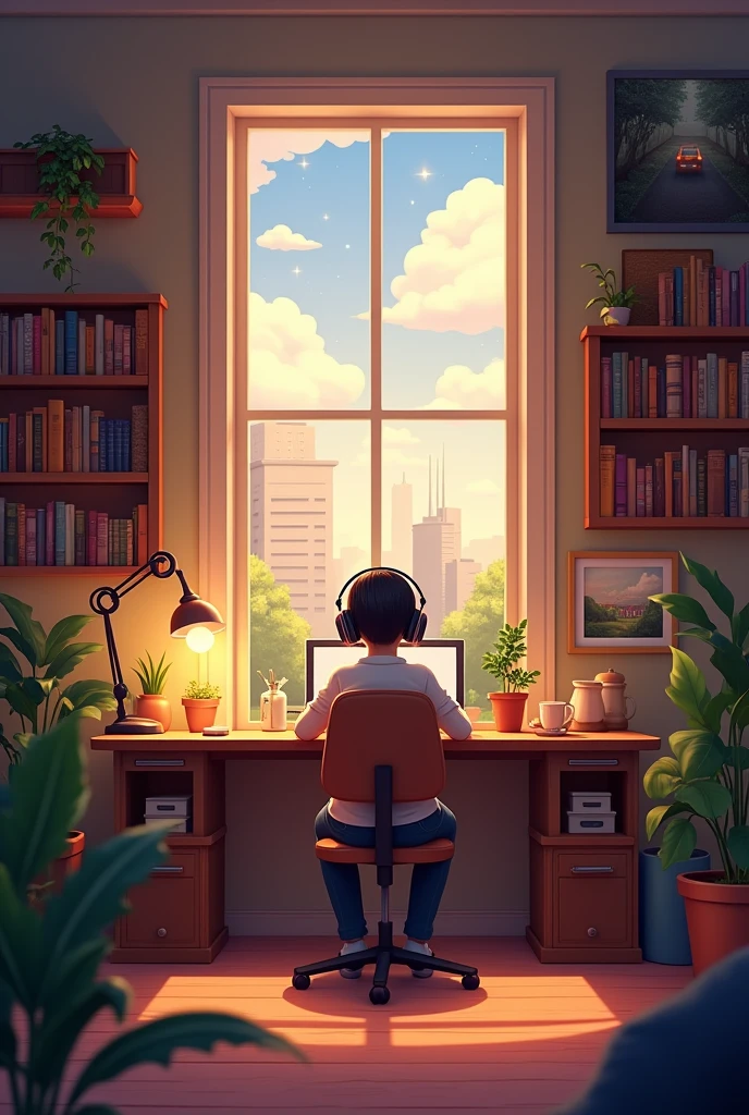 Create an image featuring a character sitting at a desk with headphones on, in a cozy room with warm lighting. The room should have elements such as books, decorations, and a window showing either a cityscape or nature. The atmosphere should be calm and inviting, suitable for studying or relaxing. Include soft shadows to enhance the warmth of the scene