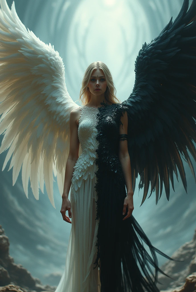 I want a half angel and half demon person with their wings open for a cover image