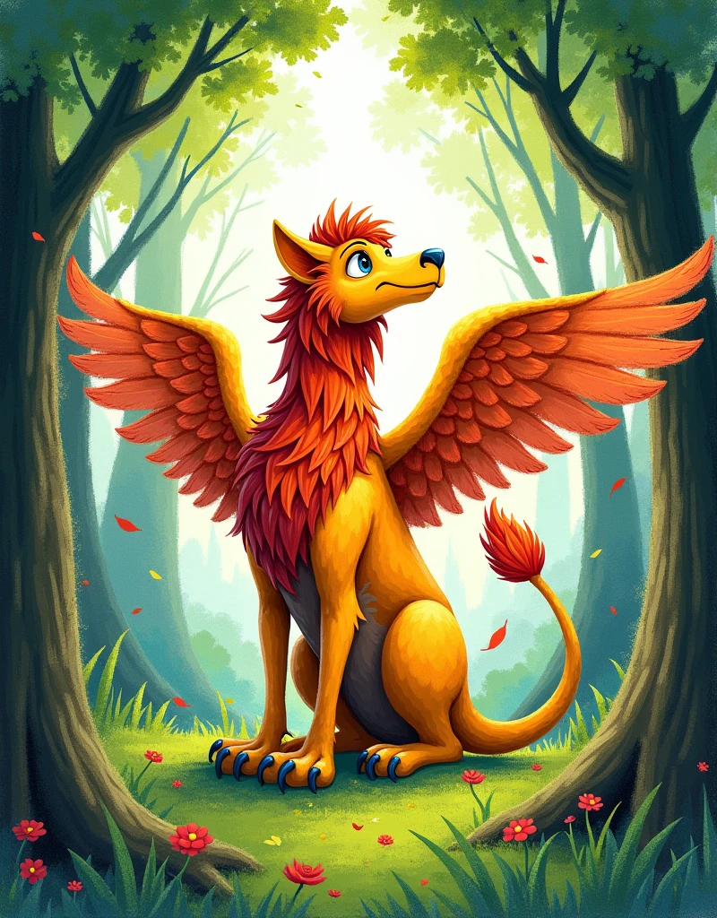 Drawings drawn by children, Drawn with crayons, (Griffon), in the forest, Ancient Guardian, Green tree々, Light shines in, Mystic, Quiet dignity