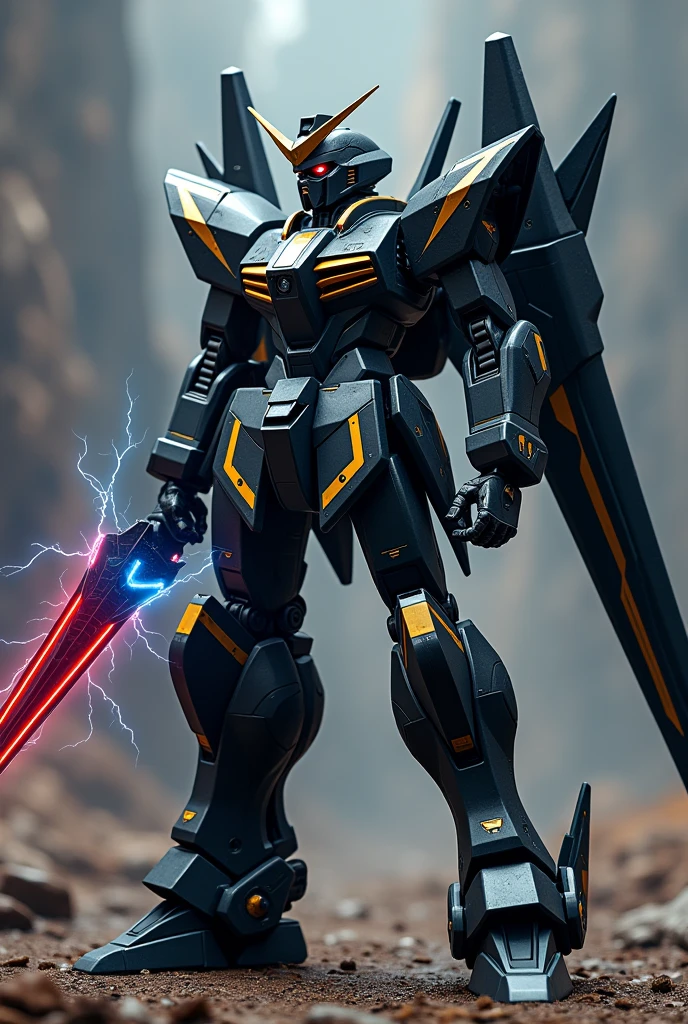 A black gundam-like robot with gold stripes,using pointed wings , holding a red and blue plasma sword in his hand
