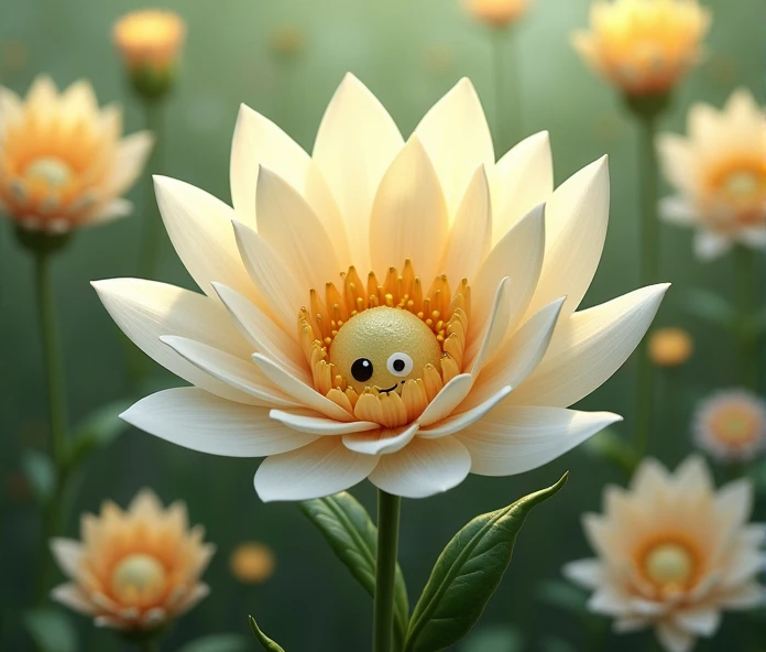 A being that is a flower, based on Flowey, a character from the game Undertale. It has abundant white petals, some small golden spheres between the petals, a simple face in the center of the flower, which only consists of simple eyes and a mouth, almost like ":)". It has heterochromia eyes, with one eye being white and the other black. The center is yellow, and it is surrounded by several other flowers. Some of the petals are golden.