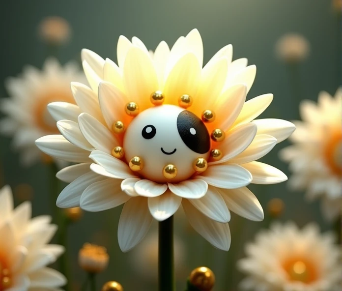 A being that is a flower, based on Flowey, a character from the game Undertale. It has abundant white petals, some small golden spheres between the petals, a simple face in the center of the flower, which only consists of simple eyes and a mouth, almost like ":)". It has heterochromia eyes, with one eye being white and the other black. The center is yellow, and it is surrounded by several other flowers. Some of the petals are golden.