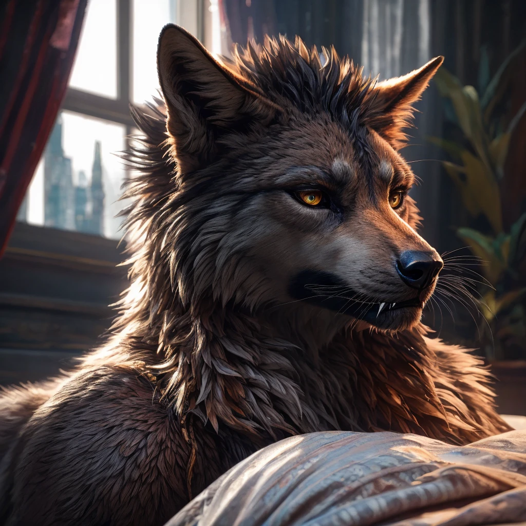 a hot tomboyish female gray wolf laying down on a bed, detailed fur, yellow eyes, sharp fangs, detailed face, long eyelashes, (best quality,4k,8k,highres,masterpiece:1.2),ultra-detailed,(realistic,photorealistic,photo-realistic:1.37),studio lighting,extremely detailed,extremely detailed eyes and face,longeyelashes,detailed fur texture,sharp focus,vivid colors,natural lighting,moody atmosphere,dramatic lighting