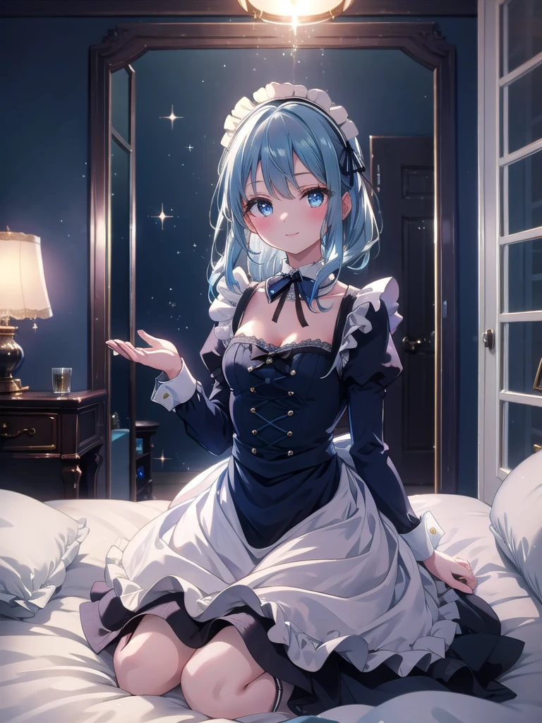 ((8k, Best Quality, Masterpiece: 1.3)), Ultra High Resolution, (One Girl, One Person), (Color Changing Eyes, Super Detailed, Expressive Sparkle, Sparkling, Glowing Eyes), Highly Detailed Eyes,In a softly lit, modern bedroom with a touch of elegance, a young maid with sky-blue hair is kneeling beside a neatly made bed. Her semi-long hair, which transitions from deep blue at the roots to a pale, almost pastel blue at the tips, falls gracefully around her face and shoulders. She wears a navy blue maid dress with frills along the collar and hem, designed to highlight her cleavage and give her a subtly alluring appearance. The maid is positioned on her knees, with her hands resting delicately on her thighs and a gentle, inviting smile on her lips. The room is decorated with warm, ambient lighting that enhances its cozy atmosphere, featuring a plush bed with decorative pillows, a stylish nightstand, and a small vanity with a mirror. The overall setting conveys a blend of comfort and sophistication, reflecting the maid's youthful charm.
