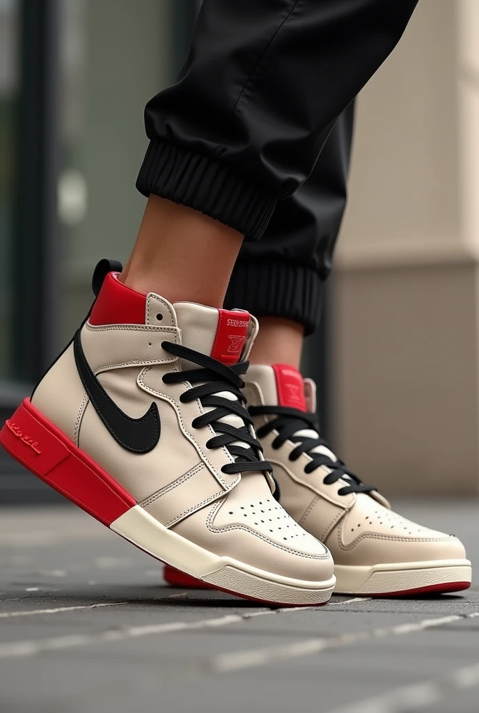 Create a pair of unbranded beige high-top sneakers, black and red