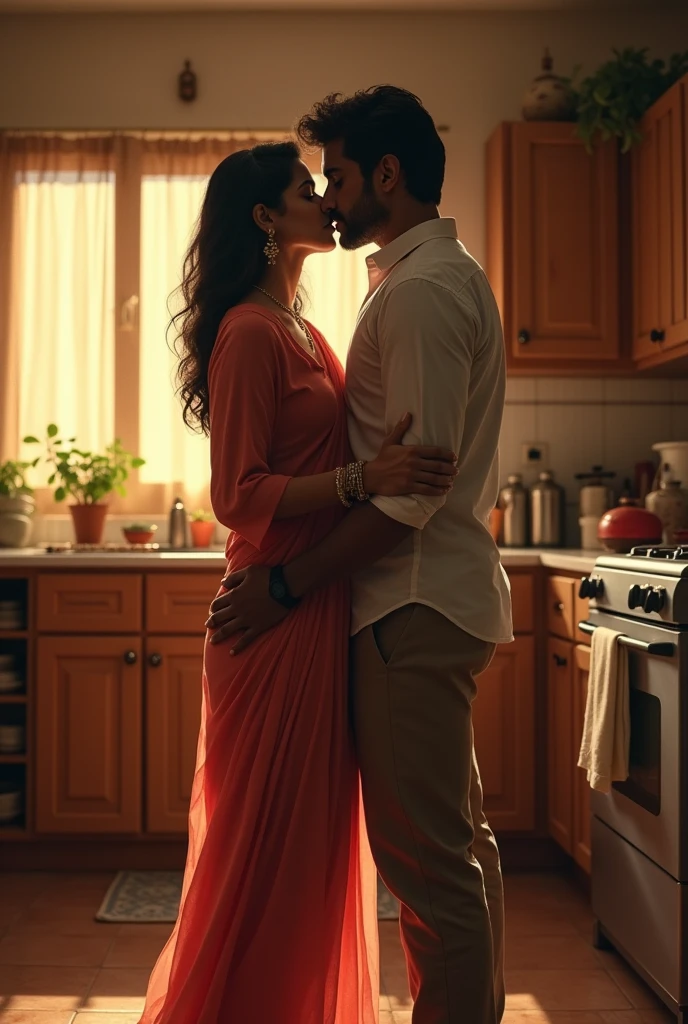 Indian 40 year old tall woman wears kurta and slacks lip kissing with and Indian  boy, in the kitchen.