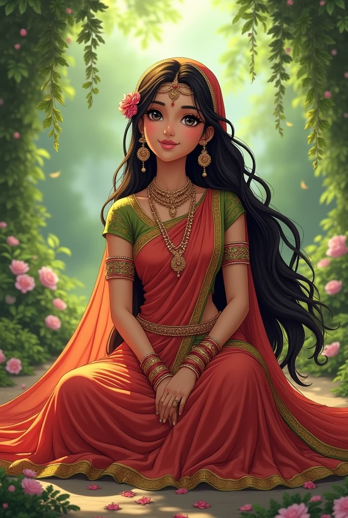 Radha Rani, who is sitting in the garden, has long, flowing hair. Radha Rani, the beloved consort of Lord Krishna, is often depicted as a beautiful and enchanting maiden with a captivating appearance. Here's a description of her beauty and dressing sense:
*Physical Appearance:*
Radha Rani is typically depicted as a youthful and radiant maiden with a slender yet curvaceous figure. Her skin is often shown as a soft, golden complexion, symbolizing her divine nature. Her eyes are large and expressive, with a deep, loving gaze that conveys her devotion to Krishna. Her hair is long, dark, and luscious, often adorned with flowers and ornaments.
*Dressing Sense:*
Radha Rani's dressing sense is a perfect blend of elegance, simplicity, and charm. She is often depicted wearing a traditional Indian attire, consisting of:
- A flowing, crimson-red or green saree (ghagra) with intricate embroidery and patterns, symbolizing her love and devotion to Krishna.
- A matching blouse (choli) with short sleeves, adorned with precious stones and pearls.
- A delicate, beaded necklace (mala) with a small, golden pendant, often featuring a picture of Krishna.
- Armlets (bajuband) and anklets (payal) made of gold and precious stones, adding to her elegance.
- Her hair is often adorned with flowers,
- A small, golden nose ring (nath)
- Ear studs (kundal) made of gold and precious stones
- A delicate, beaded belt (kamarband) around her waist
Create a beautiful anime of that . Her lehanga must be full flared long and duppata on her head