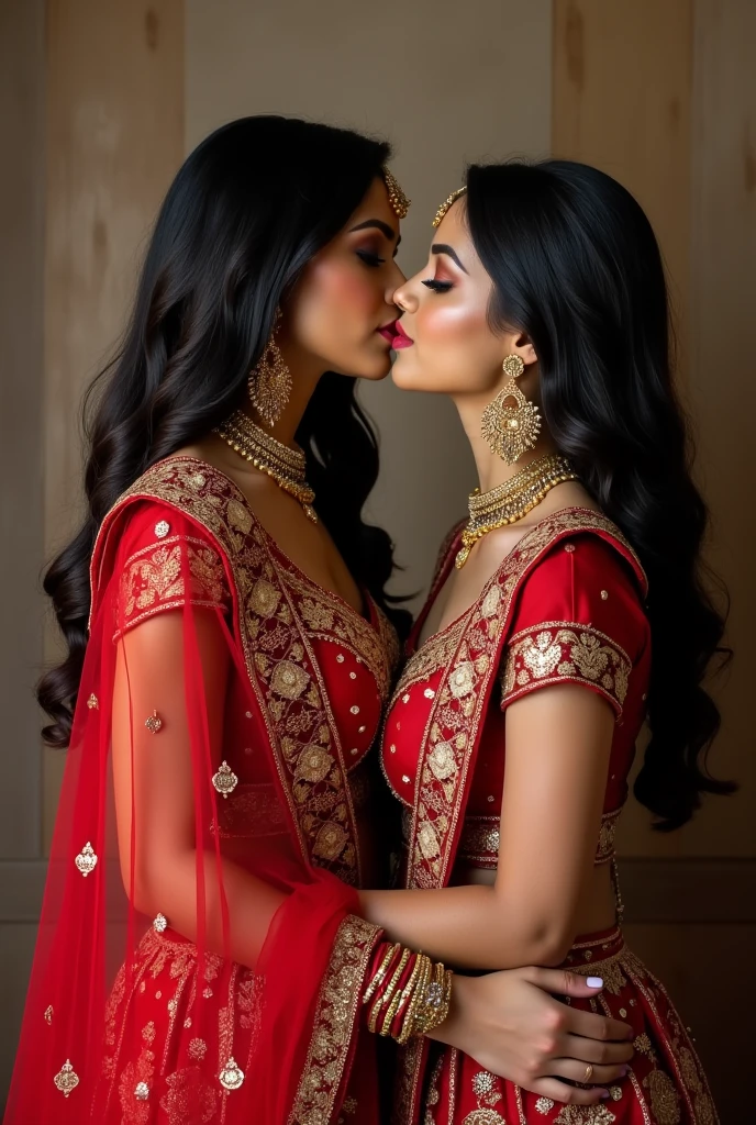 Two indian bridal dressed girl having sex. Boobs press and soft lip kiss