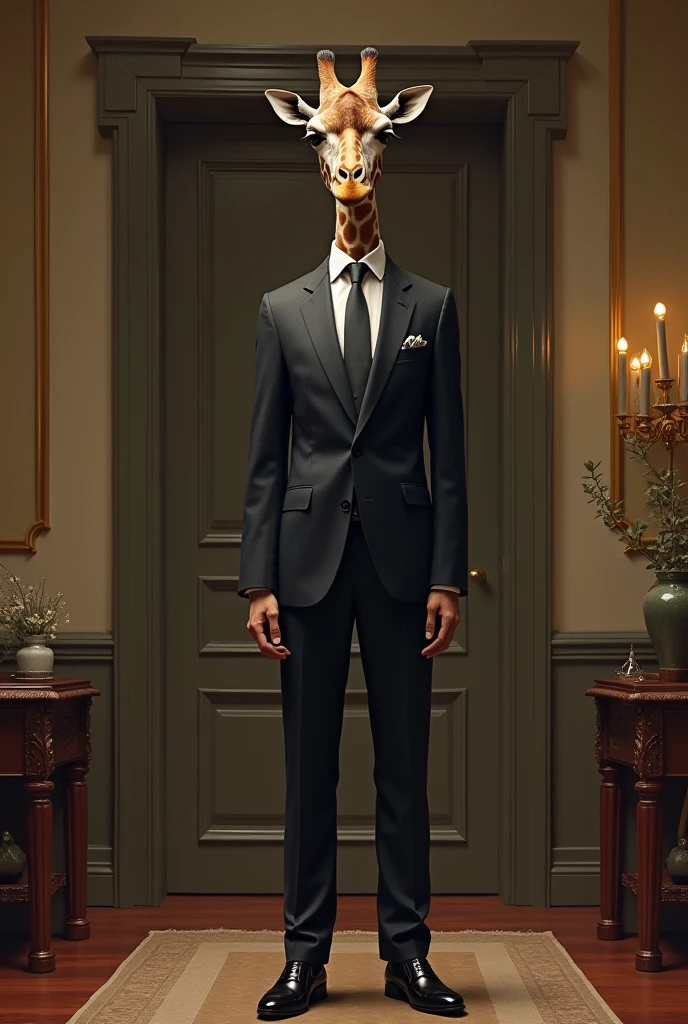 Man in elegant suit with head of a giraffe