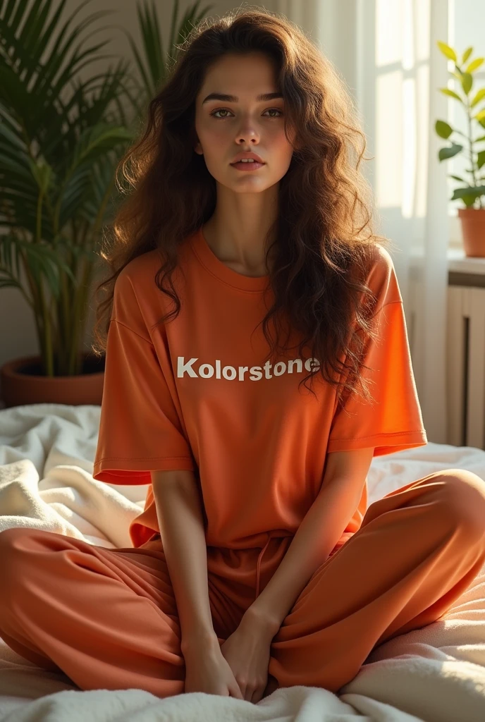 (photorealism:1.2), beautiful plus woman, sitting on bed, wearing loose Tshirt of dark carrot color kolorstone written on it, pajama pants kolorstone written on it, long curly hair, indoors, soft lighting, plants in background, window with sunlight, cozy room, relaxed pose, realistic, intricate details, warm colors, by Greg Rutkowski, by Alphonse Mucha