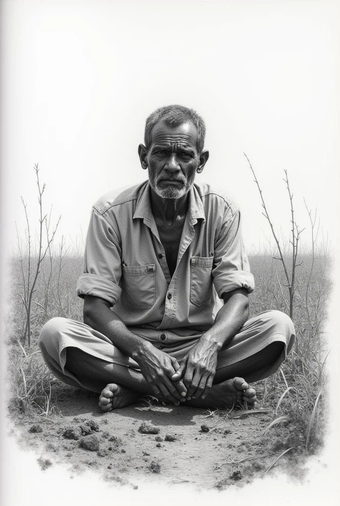 
apoor  tamil farmer sitting without food in his own farming field sadly photo in pencil drawing